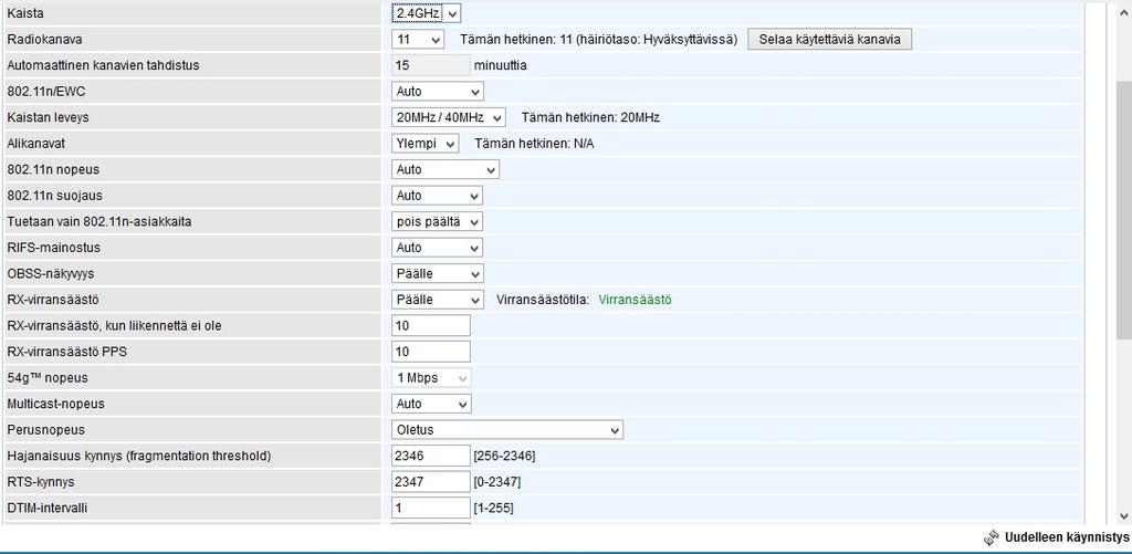 Lisäasetus Tässä valikossa on langattoman lähiverkon edistyneempien ominaisuuksien säätämis- ja optimointimahdollisuuksia. Ominaisuuksien avulla voidaan mm.