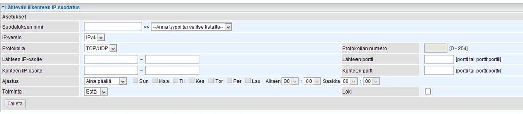 5.2.6 Turvallisuus Lähtevä IP-suodatus Toiminnossa voidaan määritellä IP-liikennettä sovellusporttien mukaan. Tarvittaessa voidaan myös määritellä sekä lähteen että kohteen IP-osoitteet.