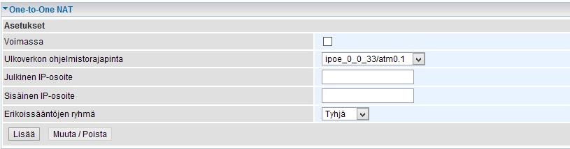 One-to-One NAT Porttimääritykset Eräät