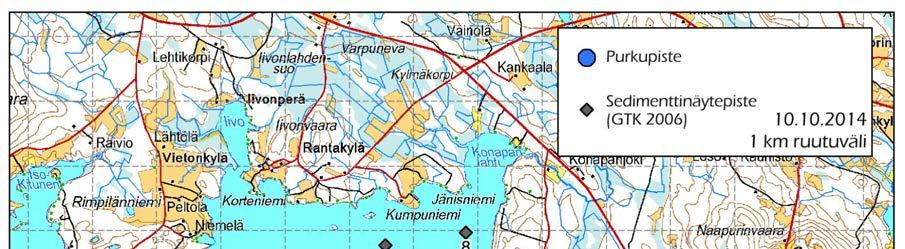 Kuva 6-73. Geologian tutkimuskeskuksen toteuttaman tutkimuksen näytepisteiden sijainti Nuasjärvessä suhteessa suunniteltuun purkupaikkaan. Taulukko 6-26.