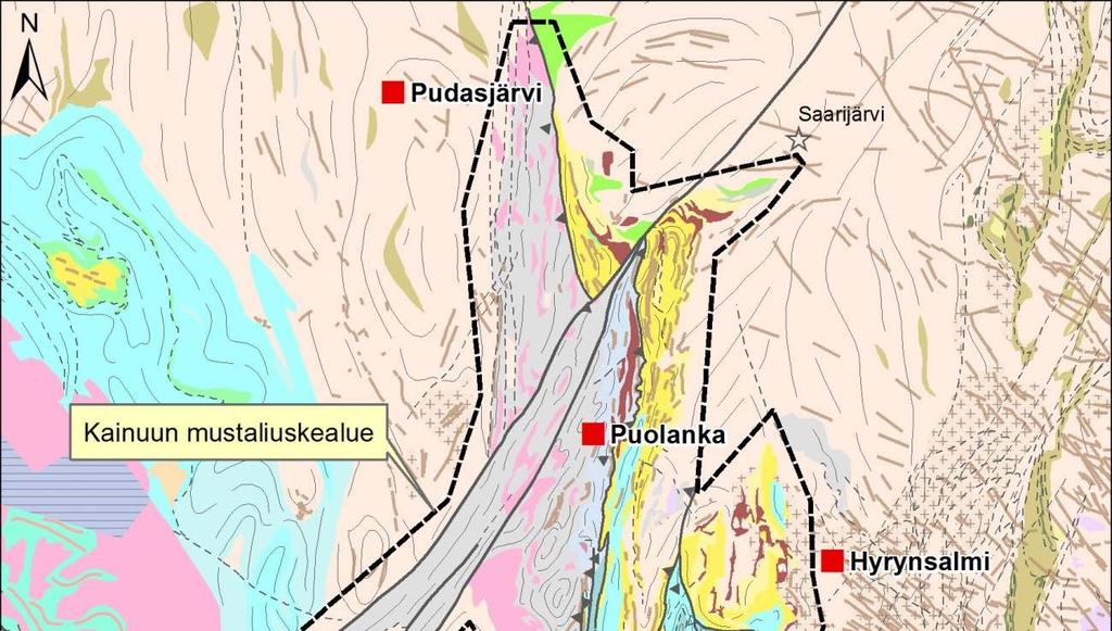 13.5 Pohjavedet Kuva 13-1. Kainuun liuskealueen rajaus. Mustaliuskeen päämineraaleina ovat hienorakeinen kvartsi, vaalea biotiitti, hyvin hienorakeinen grafiitti sekä rikki- ja magneettikiisu.