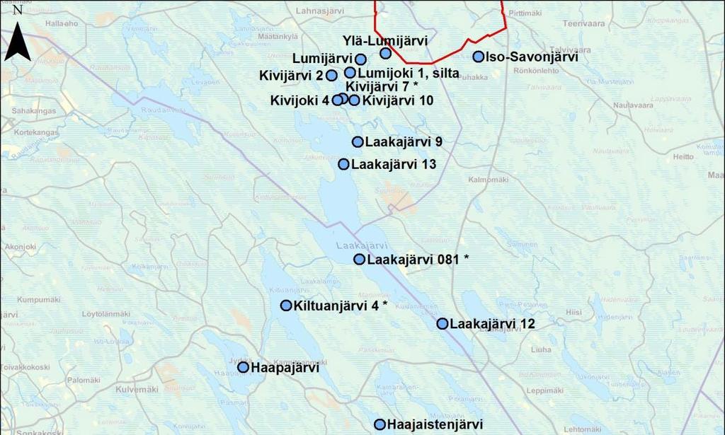 Kuva 6-13. Vesistötarkkailun havaintopaikat Vuoksen vesistöalueella. Vuoksen suunnan vesistöt ovat luonnostaan ruskeavetisiä ja humuspitoisia.