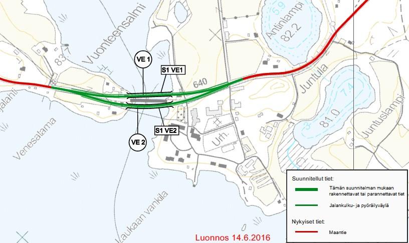 Vuonteensalmensillan yleiskaavan muutos 19 Kuva: Vaihtoehtoiset siltalinjaukset. Ve 1 on ns. pohjoinen ja Ve 2 eteläinen linjaus- vaihtoehto.