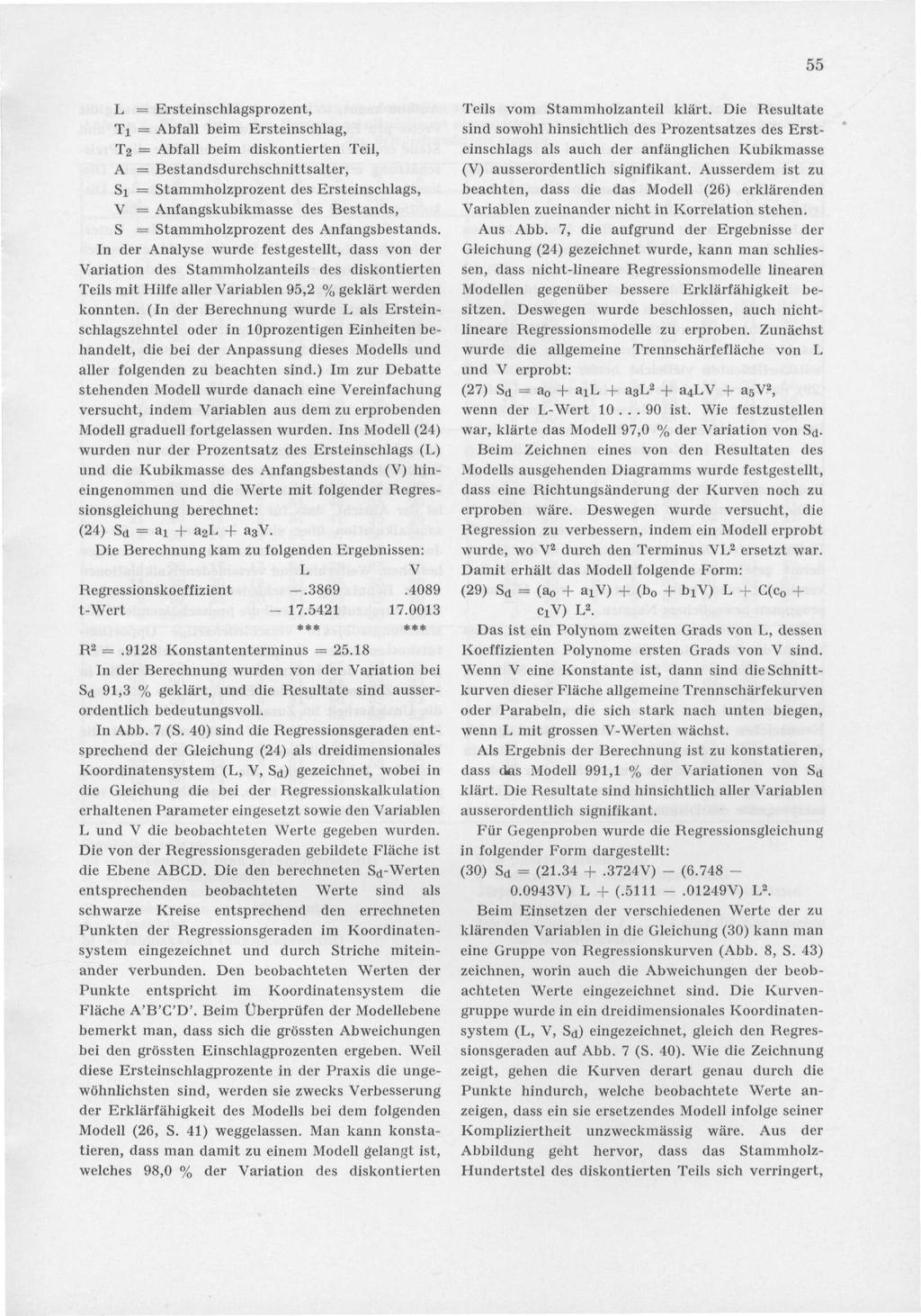 55 L = Ersteinschlagsprozent, Ti = Abfall beim Ersteinschlag, T 2 = Abfall beim diskontierten Teil, A = Bestandsdurchschnittsalter, Si = Stammholzprozent des Ersteinschlags, V = Anfangskubikmasse des