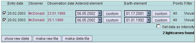 Kuva 21: Valokäyrätaulostaulu Käyttäjän hakuehtoa vastaavat asteroidin valokäyrät näytetään taulussa hakulomakkeen alla.