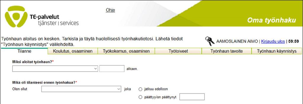 Lisää ja tarkista ja tarvittaessa korjaa omat tietosi ja paina lopuksi Tallenna ja jatka -painiketta. Vahvista myös ajan tasalla olevat tiedot Tallenna ja jatka -painikkeella.