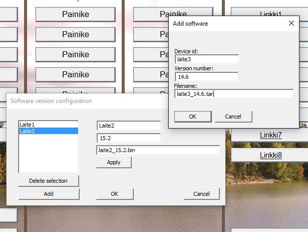 15 Kuva 5. Ohjelmistoversioiden hallinta Kuvassa 5 esitetään dialogi-ikkunat, joilla ohjelmistoversioita hallitaan. Kuvassa päällimmäisenä olevalla dialogilla lisätään uusia ohjelmistoversioita.