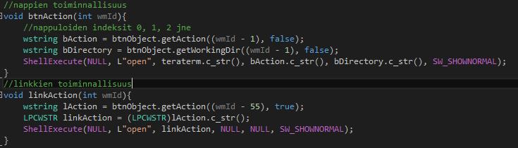 23 Kun painikkeet on piirretty, sovellus on toimintakunnossa. Painikkeen painallus aiheuttaa WM_COMMAND-viestin, johon reagoidaan välittämällä viestin wparam-parametri BtnAction()-funktiolle.