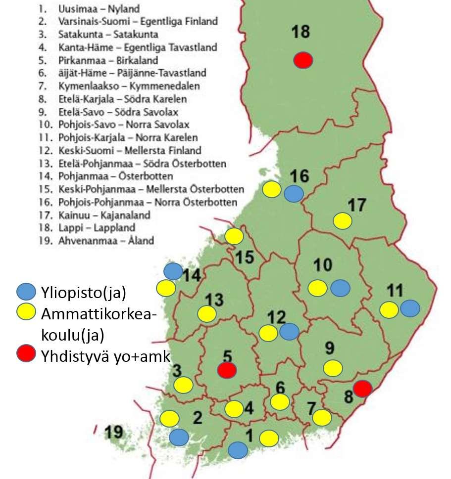 Toimintatasoina ovat maakunnat ja viisi erityisvastuualuetta, joilla on myös tutkimuksen koordinaatiotehtävä.