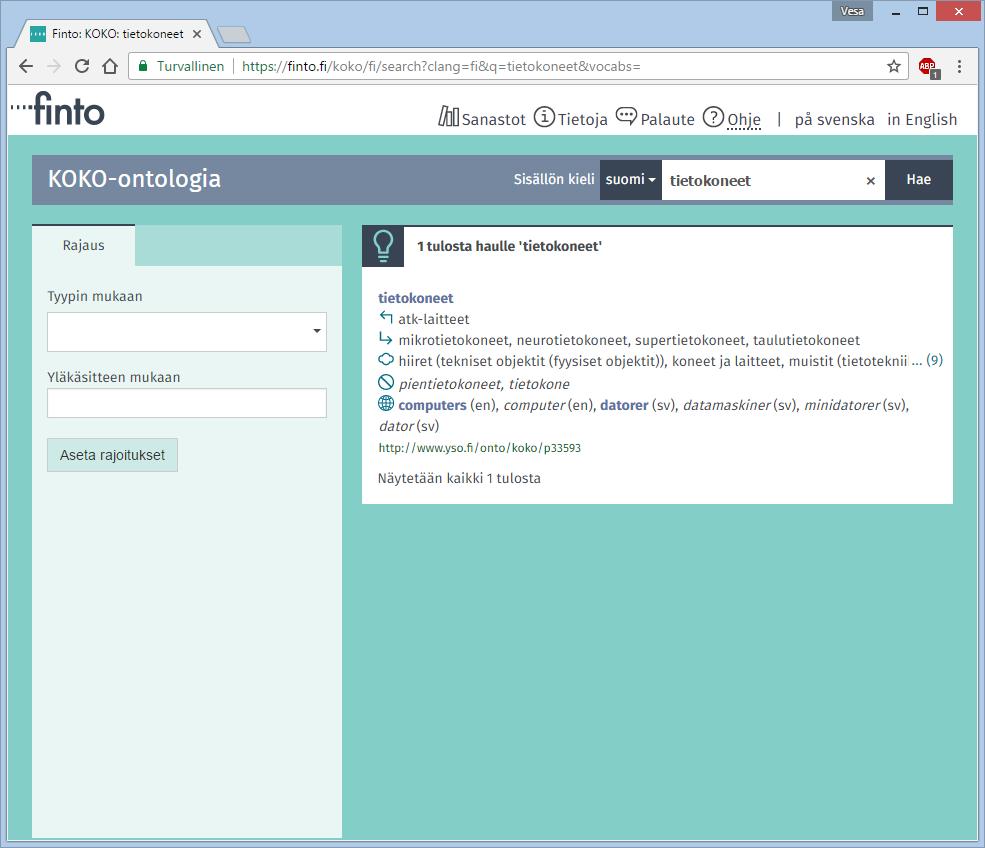 Lisäpalvelut: Finna ja Finto Finto on suomalainen sanastoja ontologiapalvelu, joka mahdollistaa sanastojen julkaisun ja