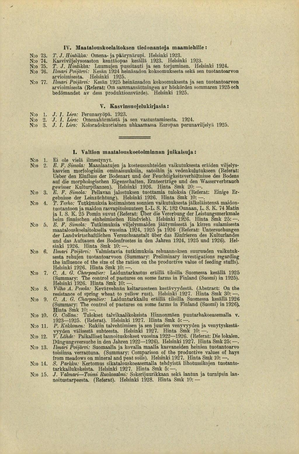 IV. Illaatalouskoelaitoksen tiedonantoja maamiehille : N:o 73. T. J. Hingiklca: Omena- ja päärynärupi. Helsinki 1923. N:o 74. K.asviviljelysosaston kenttäopas kesällä 1923. Helsinki 1923. N:o 75. T. J. Hintikka: Luumujen pussitauti ja sen torjuminen.