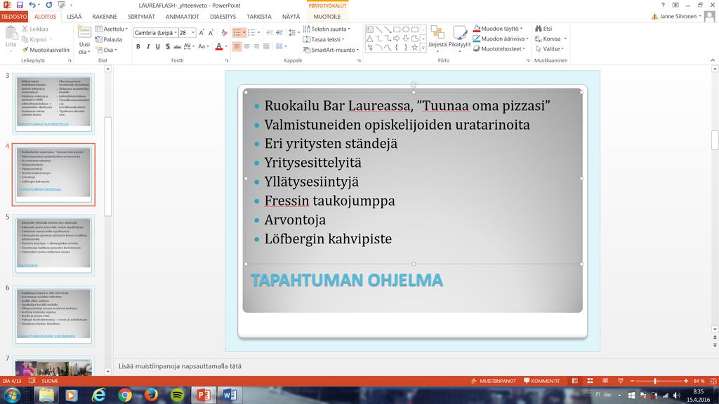25 taulukko työstä. Päivän toteutuksessa jokaisella tapahtuman järjestäjällä oli oma vastuualueensa ja paikkansa, jonka huollosta ja toimivuudesta he vastasivat.