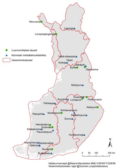 2. Seurantaverkkoon kuuluvat alueet Seurantaverkkoon kuuluu 11 luonnontilaista ja 20 normaalissa metsätalouskäytössä olevaa valumaaluetta (Kuva 1 ja Taulukko 1).