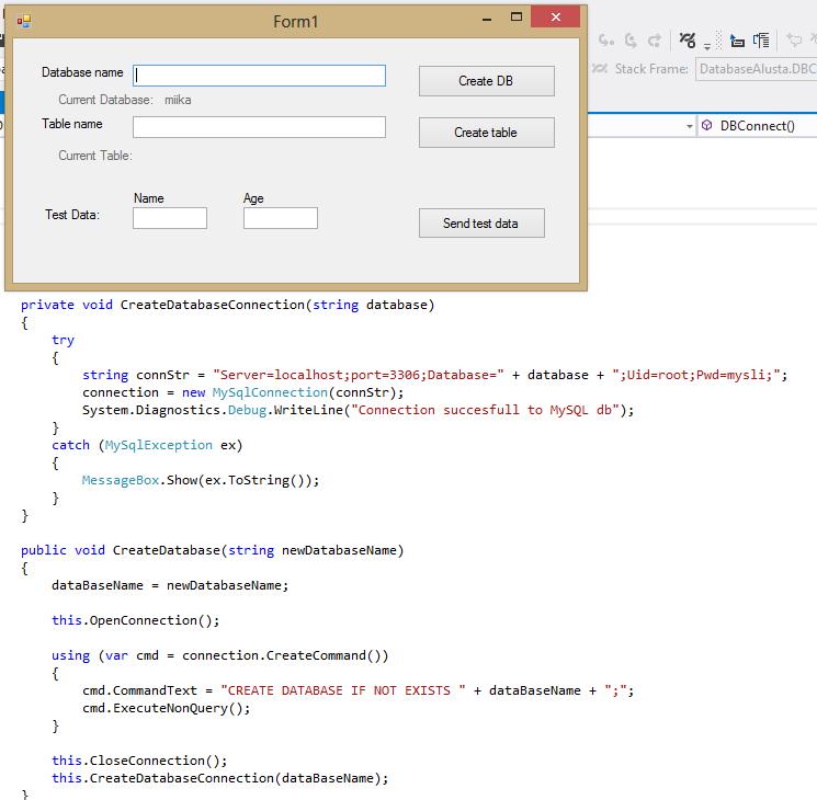 KUVA 19. C#-MySQL-testisovelluksen käyttöliittymä, ja ohjelmakoodia, jolla luodaan tietokanta MySQL:n heikkous tähän tuotteeseen kuitenkin on se, että se vaatii palvelimen toimiakseen.