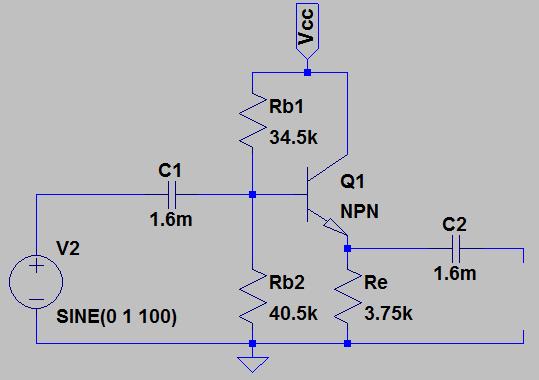 Kuvassa 3 on sovellus emitteriseuraajasta, johon on lisätty biasointiin tarvittavat kantavastukset ja kondensaattorit poistamaan DC-komponentteja.