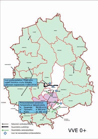 Pääasiallisena vesilähteenä pintavesi Vesilähteenä pinta- ja pohjavesi Vesilähteenä pohjavesi Nykyinen verkostoyhteys Suunniteltu putkilinja Suunniteltu varavesiyhteys Vedenhankintaa varten