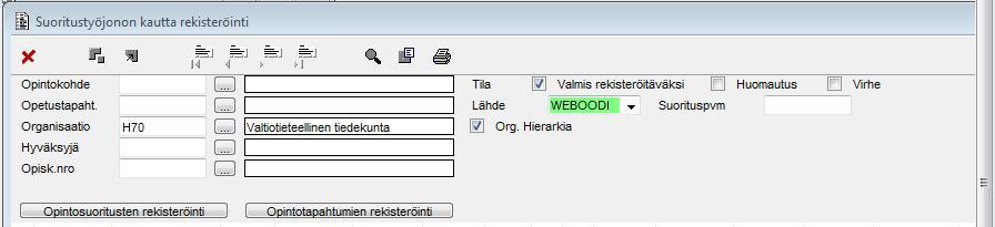 Helsingin yliopisto WinOodi Sivu 4/6 Hae opiskelijat uudestaan valitsemalla Valmis rekisteröitäväksi -tila, valitse opiskelijat ja rekisteröi suoritukset klikkaamalla Opintotapahtumien