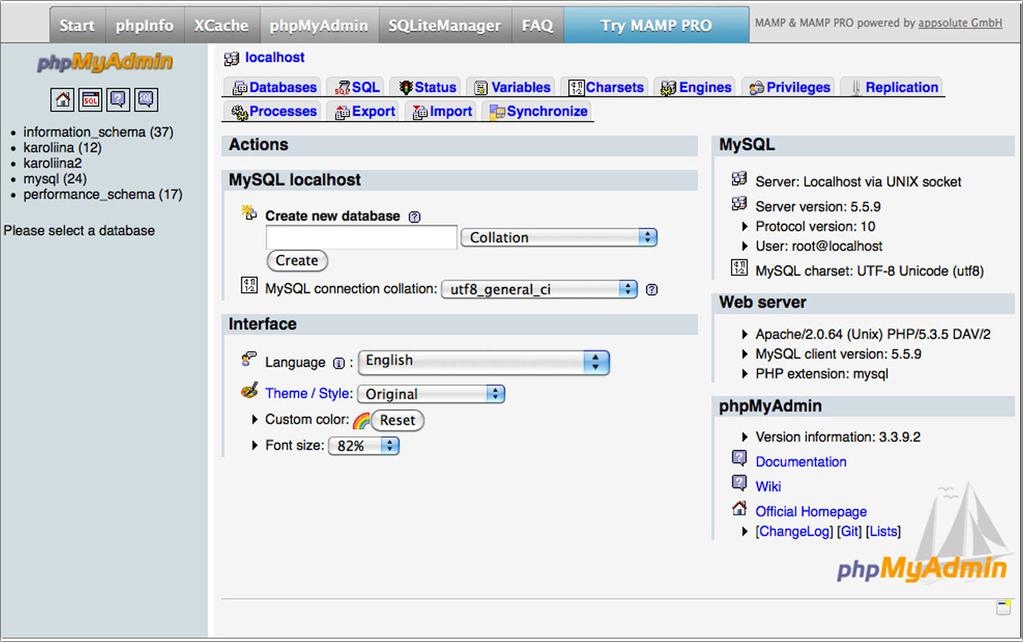 MAMPin phpmyadmin-näkymä.