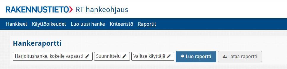 Hankkeen raportit Valitsemalla päävalikosta Raportit, pääset noutamaan ja tulostamaan haluamiasi raportteja. Raporttien luonti -näkymässä näet erilaiset raportit, joihin sinulla on käyttöoikeuksia.