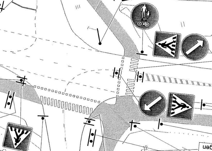 6 Kuva 6. Kolmas malli ajokaistan yläpuolisten opasteiden esittämisestä Pyörätien jatke merkitään suojatien rinnalle (kuva 7).