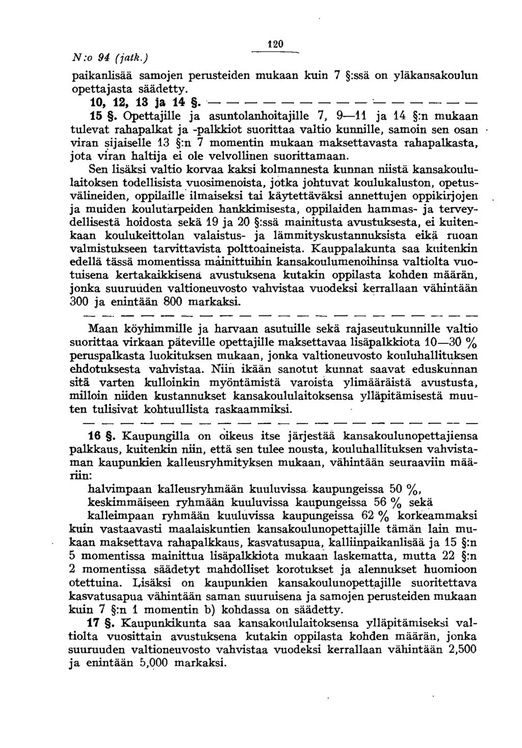 N:o 94 (jatk.) 120 paikanlisää samojen perusteiden mukaan kuin 7 :ssä on yläkansakoulun opettajasta säädetty. 10, 12, 13 ja 14.- - - - - - - - - '- - - - - - 15.