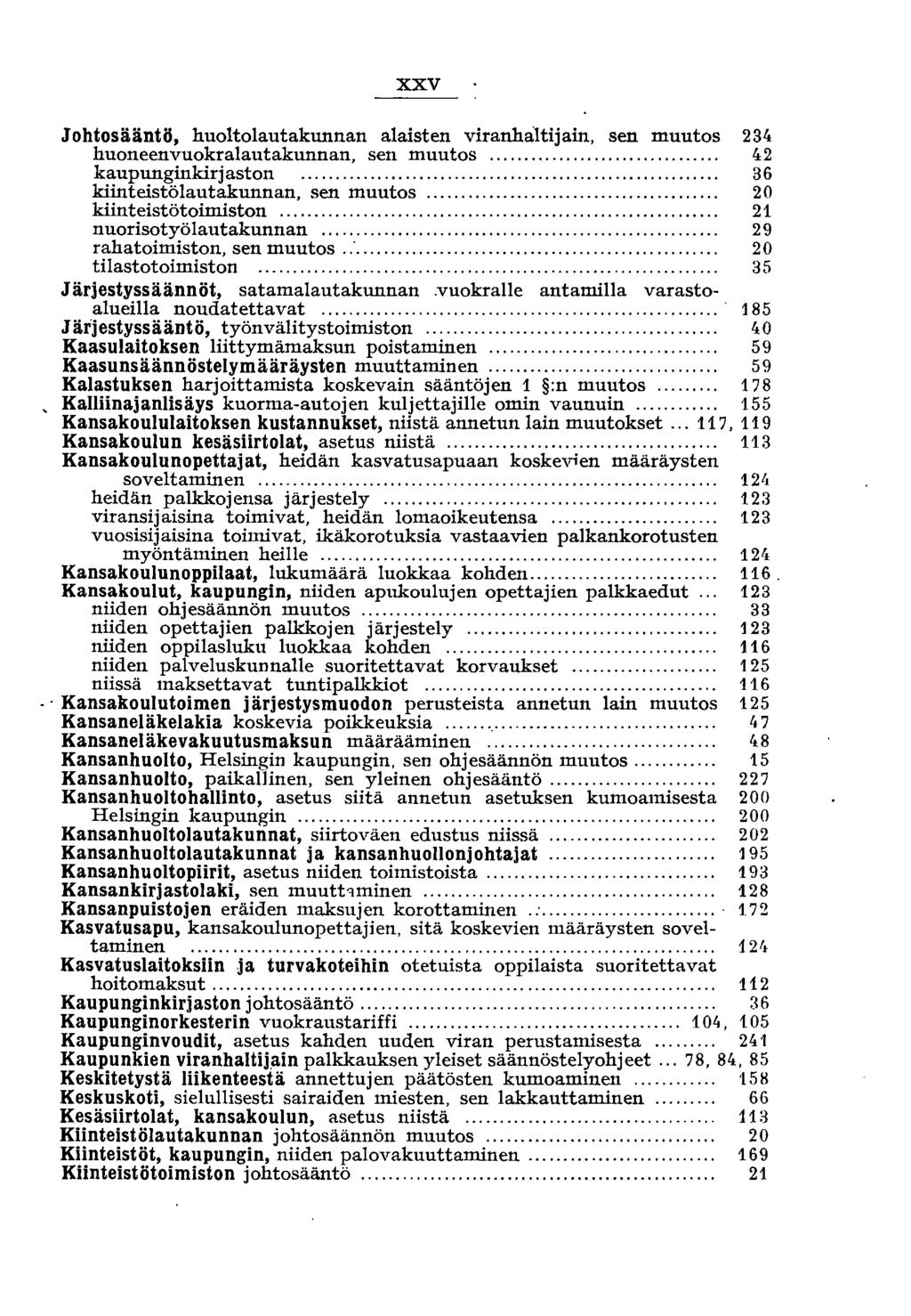 xxv Johtosääntö, huoltolautakunnan alaisten viranhaltijain, sen muutos 234 huoneenvuokralautakunnan, sen muutos... 42 kaupunginkirjaston... 36 ~~t~st?la~t3:kunnan, sen muutos... 20 kiintelstotoldllston.