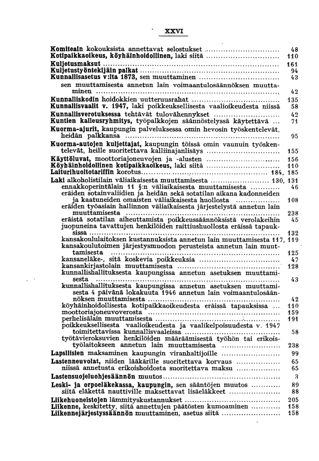 XXVI Komiteain kokouksista annettavat selostukset... 48 Kotipaikkaoikeus, köyhäinhoidollinen, laki siitä... 110 KUljetusmaksut... 161 KUljetustyöntekijäin palkat..... :.