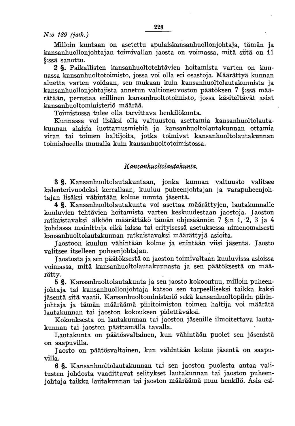 N:o 189 (jatk.) 228 Milloin kuntaan on asetettu apulaiskansanhuollonjohtaja, tämän ja kansanhuollonjohtajan toimivallan jaosta on voimassa, mitä siitä on 11 :ssä sanottu. 2. Paikallisten kansanhuoltotehtävien hoitamista varten on kunnassa kansanhuoltotoimisto, jossa voi olla eri osastoja.