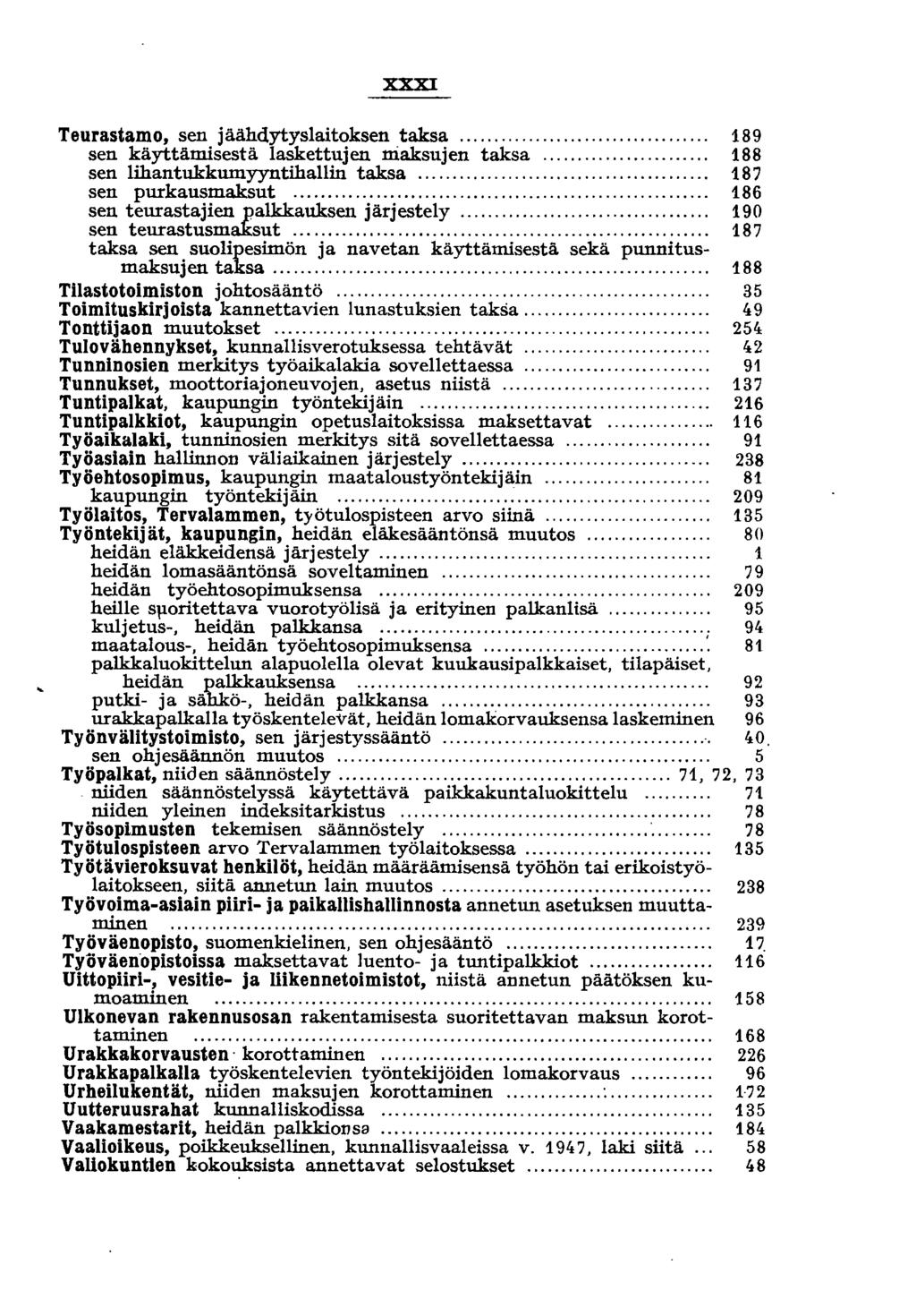 XXXI Teurastamo, sen jäähdytyslaitoksen taksa.... sen käyttämisestä laskettujen niaksujen taksa..... sen lihantukkumyyntihallin taksa.... sen purkausmaksut..... sen teurastajien palkkauksen järjestely.
