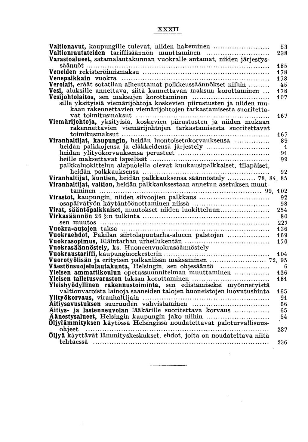 XXXII Valtionavut, kaupungille tulevat, niiden hakeminen... 53 Valtionrautateiden tariffisäännön muuttaminen... 238 Vara~~.oal~eet, satamalautakunnan vuokralle antamat, niiden järjest'yssaannot.