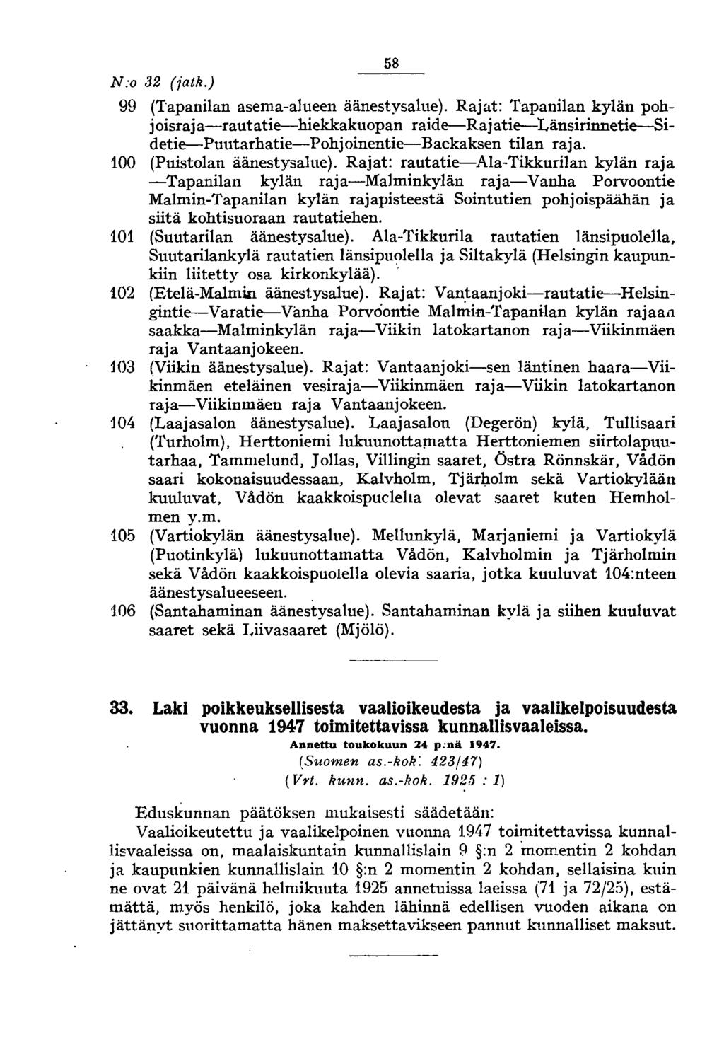 N:o 32 (jatk.) 58 99 (Tapanilan asema-alueen äänestysalue).