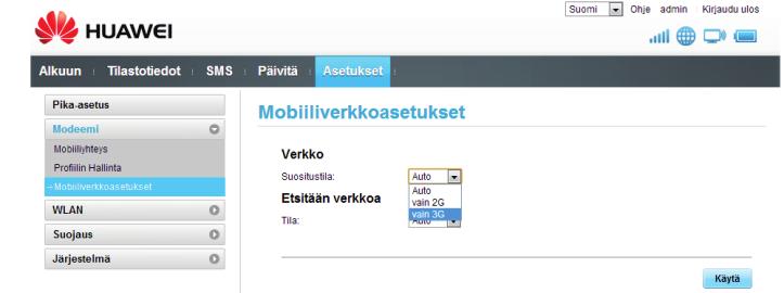 Mobiililaajakaistayhteyden tila (Automaattinen tai Manuaalinen) Yhteyden muodostuksen tilan voit muuttaa: Asetukset >