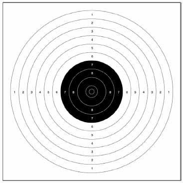 Sisäkymppi: 5,0 mm (± 0,1 mm). Musta alue on vyöhykkeestä 7 vyöhykkeeseen 10 = 59,5 mm (± 0,5 mm). Renkaan paksuus: 0,1... 0,2 mm. Taulun pienin näkyvä koko: 170 mm x 170 mm. Vyöhykkeiden 1.