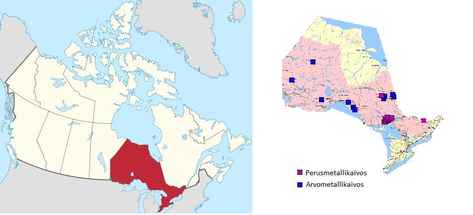 58 Kuva 10. Ontarion vuonna 2004 aktiiviset metallikaivokset (Natural Resources Canada, viitattu 1.8.2013). 6.