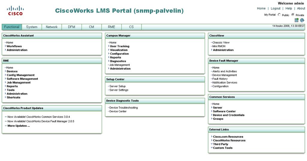 42 Kuva 5-2. Ciscoworks LMS Portal. 5.2.1 Ciscoworks Assistant Assistant -ohjelma tarjoaa työjärjestyksen palvelimen asetuksille (server setup) ja laitteiden ongelmaselvitykseen (device troubleshooting).