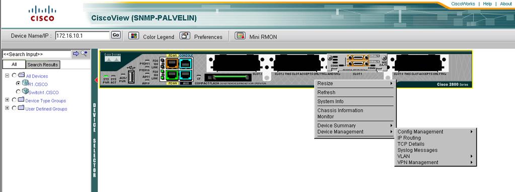 47 Kuva 5-5. CiscoView ja reitittimen profiili. CiscoView:ssä on oletuksena laiteprofiileja (device packages) hyvin monelle kytkinja reititinmallille.