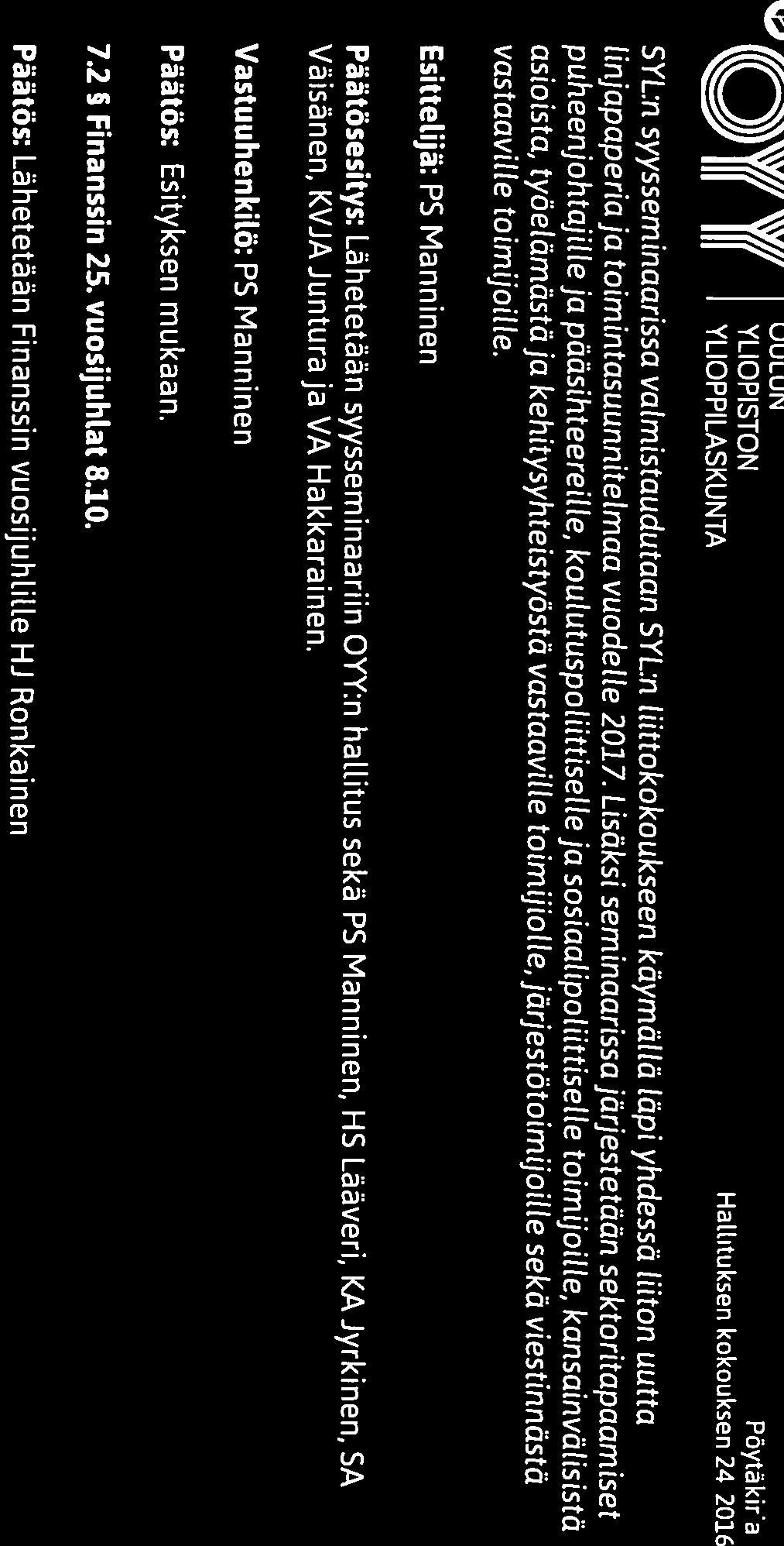 W/ YUOSTON III III YLIOPPILASKUNTA Päytäkirja Hallituksen kokouksen 24/2016 SYL:n syysseminaarissa valmistaudutaan SYL:n liittokokoukseen käymällä läpi yhdessä liiton uutta linja paperia ja