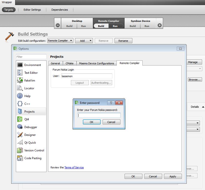 60 Jotta varsinainen Remote Compiler-käännös ja paketointi voidaan tehdä, Qt Creatorista on ensin autentikoitava itsensä Remote