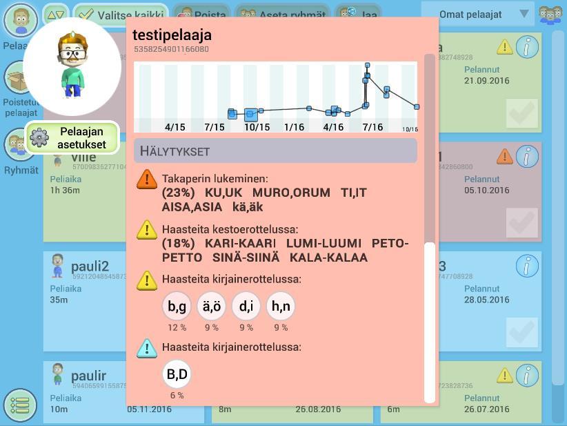 palautejärjestelmää, jotta myös mobiililaitteilla tapahtuvasta Ekapeli-harjoittelua voitaisiin seurata ja saataisiin tietoa edistymisistä ja mahdollisista ongelmakohdista.