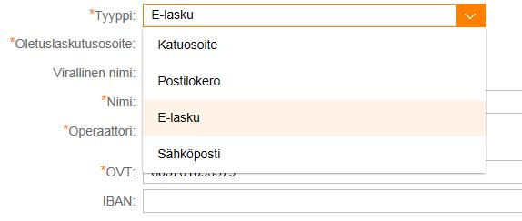 Tyyppi-pudotusvalikosta pääset valitsemaan haluamasi laskun vastaanottotavan:. Tähdellä merkityt tiedot ovat pakollisia.