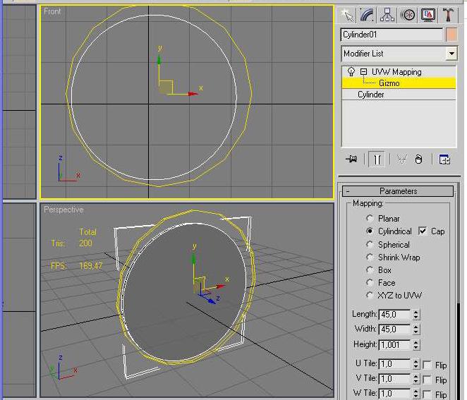 6. Klikka UVW Mapping alavalikko auki + merkistä Modifier Listin alapuolelta ja klikkaa Gizmo valituksi.