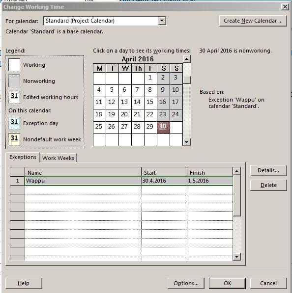 Työajan määrittely 1 : Muutetaan ohjelmiston työaikaasetukset kalenteri vastaamaan omia hanketta. 1. Valitse Project > Change Working Time 2. Muuta työaika kuvan 4 tapaan mieleiseksi. 3.