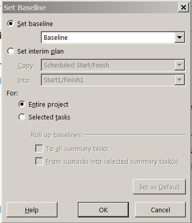 Projektin perusaikataulun asettaminen 2 : 1. Valitse PROJECT > Set Baseline. 2. Hyväksytään OK.