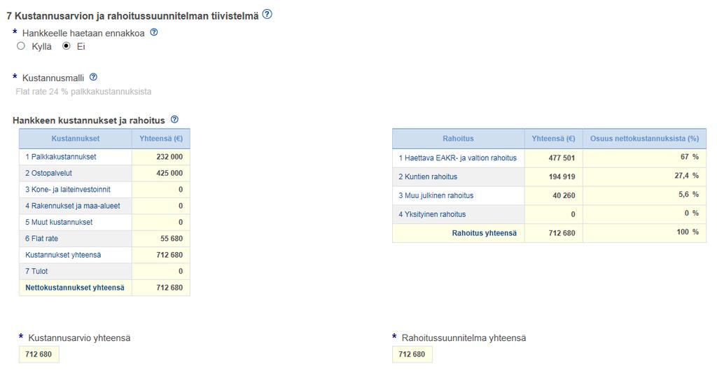 Kustannukset ja rahoitus EURA2014-järjestelmässä EAKR + valtion tuen osuus (67%) kokonaiskustannuksista Järjestelmä laskee automaattisesti