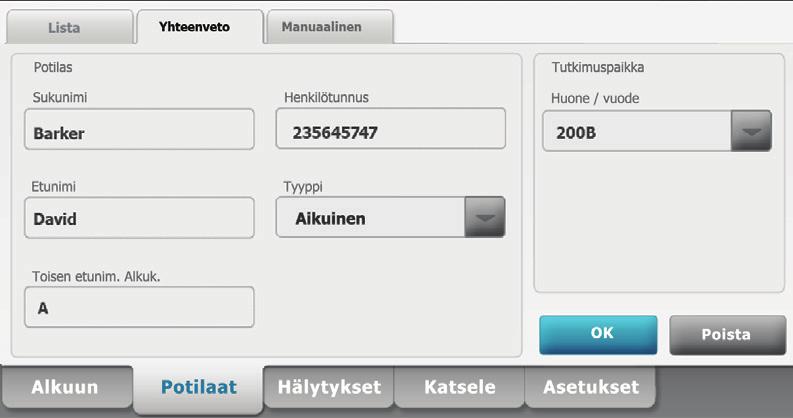 Potilaan lisääminen potilasluetteloon (ei yhdistettynä keskusasemaan) Parametrivalintojen määrittäminen 1. Valitse Potilaat-välilehti. 2. Valitse Lisää. 3. Valitse ja kirjoita potilastiedot. 4.