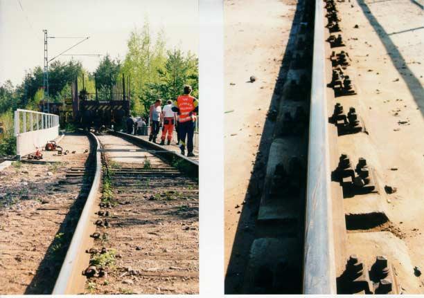 Kuva 4. Raideleveyden muutos sillan kannen alussa. Vaunun takatelin vasemman puoleiset pyörät suistuivat kiskoilta viimeisen puuratapölkyn kohdalla.