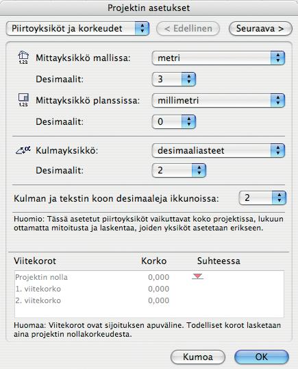 1.6.2008 ArchiCAD 12 KO. - 1 Asetukset 1 Mittakaava 2.1 Piirtoyksiköt ja korkeudet Virtuaalirakennus rakennetaan aina todelliseen kokoon.