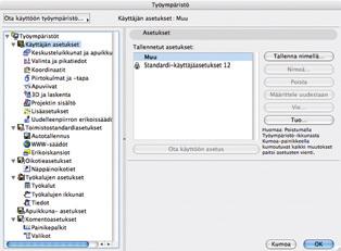 KO. - 14 asetukset. Niiden sisältö on muokattavissa vapaasti. Asetukset tallennetaan työkaluasetusryhmänä.
