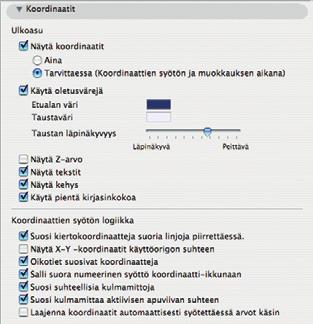 elementtien pinnan korostusväri sekä läpinäkyvyys. Värin pääsee asettamaan kaksoisosoittamalla kunkin värin näyttävää suorakulmiota.