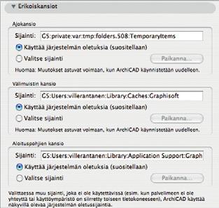 KO. - 19 6.2.3 Erikoiskansiot 6.3.1 Näppäinoikotiet Osiossa valitaan paikka, johon ArchiCAD tallentaa väliaikaiset tiedostonsa. Nämä säädöt tulevat voimaan vasta, kun ArchiCAD käynnistetään uudestaan.